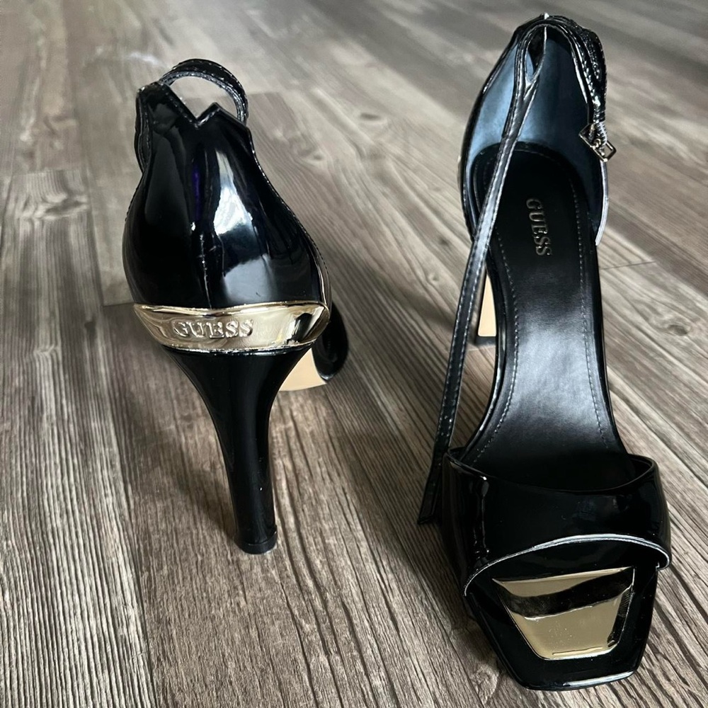 Guess Black Patent Peep-Toe Ankle-Strap Stilettos with Gold Accent - Picture 7 of 8